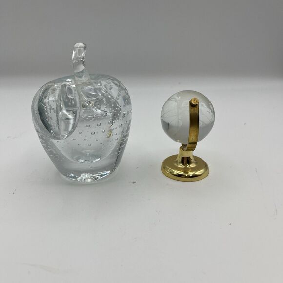 Bundle Hand Blown Clear Art Glass Apple Paperweight W/Bubbles&Etched Glass Globe - Picture 2 of 13